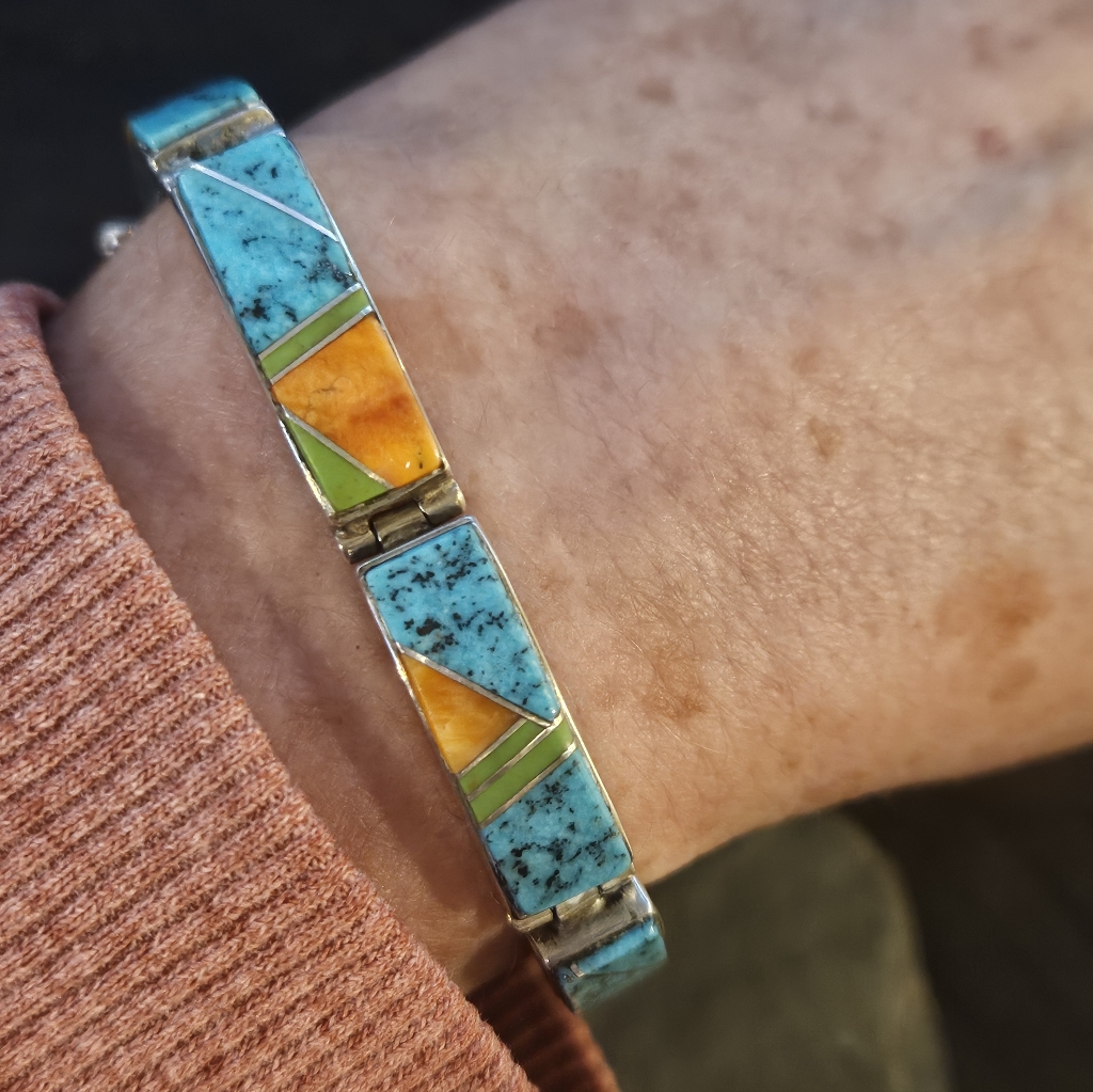 Navajo Turquoise Spiny Oyster Inlay Link Bracelet